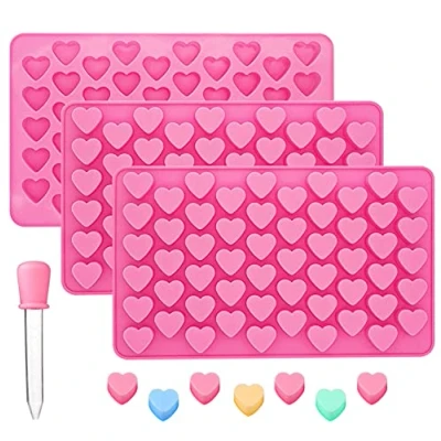 Image of BREEZO Heart Shape Silicone Chocolate Molds, 3 Pieces 55 Cavity Candy Gummy Molds Ice Cube Baking Accessoire for Party Cake Decoration with 1 Dropper