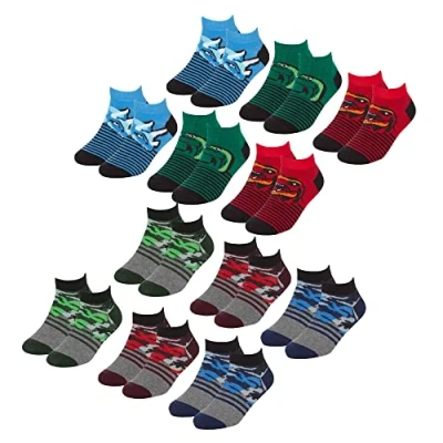 Image of Metzuyan Boys 6 or 12 Pairs Trainer Liner Socks Cotton Rich Multipack Colourful 2 Pack Camo Dino Stripes 12.5 3.5