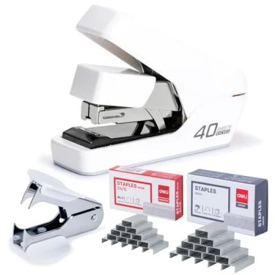 Image of Effortless Desktop Stapler, Heavy Duty 40 Sheet Capacity, One Finger, No Effort, Includes 2000 Staples &amp; Staple Remover, White