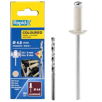 Image of Rapid High Performance Cream White Aluminium Rivets, Ø4.8 x 12 mm 4mm Rivets for Gutters, Piping, and Sheet Metal Includes Drill 50 Pieces, Carton Boxed (5001469)