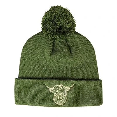 Image of TeddyTs Men&#039;s Highland Cow Embroidered Thermal Bobble Beanie Hat (Forest Green), M