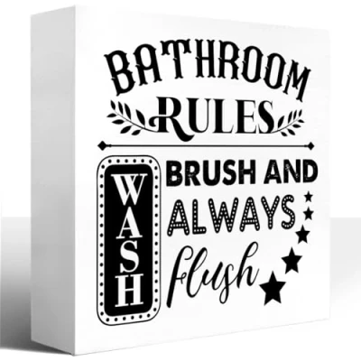 Image of Funny Bathroom Wood Box Sign Counter Decor,Bathroom Rules Block Plaque for Shelf Toilet Restroom Home Decor,Rustic Decor 5x5 Inch