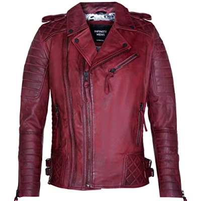 Image of Infinity Leather Mens Slim Fit Double Zip Brando Biker Jacket Cairo Burgundy Nappa Size Large