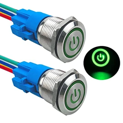 Image of Aiqeer 2 Pcs 19 mm Self locking Latching Push Button Switch, 12V / 24V 5A Car Ignition Starter IP67 Waterproof Stainless Steel with Pre Wired Socket (Green LED)