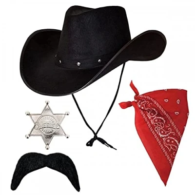 Image of Texan Cowboy Black Hat + Red Bandana Silver Sheriff Badge Moustache : 4 Piece Adult Wild West Fancy Dress Accessory Set