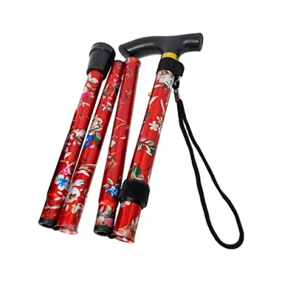 Image of Walking Stick Easy Adjustable Height Folding Extendable Cane Aid Mobility Collapsible Lightweight Flexible And Durable HTUK® (Red Flower)
