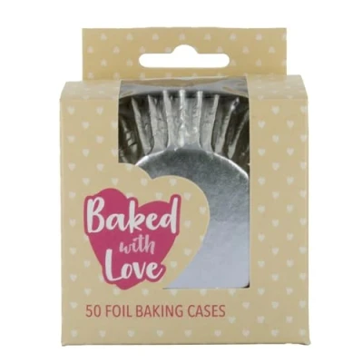 Image of Baked with Love Silver Foil Baking Cases, Cups, Greaseproof Cupcake Pack of 50