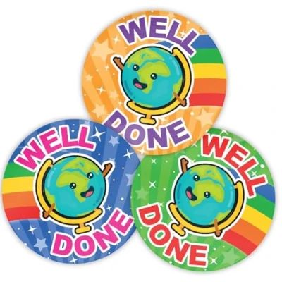 Image of Stone Melon School Reward Stickers 144 Well Done Geography Globe 30mm Round Awards Nursery Teachers Parents Children Kids