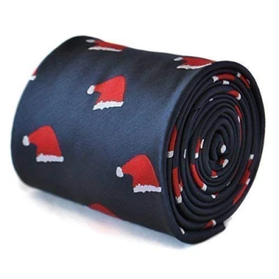Image of Frederick Thomas navy blue tie with Christmas santa hat design