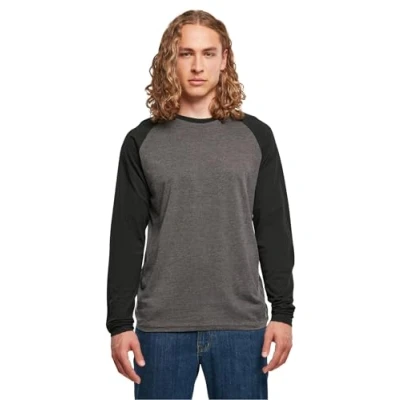 Image of Build Your Brand Men&#039;s Contrast Raglan Long Sleeved Shirt T, Charcoal/Black, L