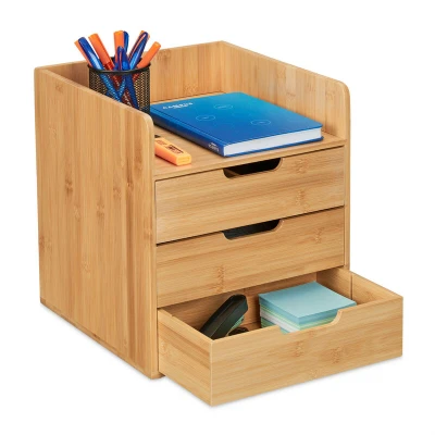 Image of Relaxdays Desk Organiser, 3 Drawers, Office, H x W D: 33 30 31, Bamboo, Natural, 31 cm