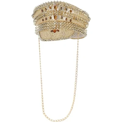 Image of Smiffys Fever Deluxe Sequin Studded Captains Hat, Gold with Chain, Accessories Fancy Dress, Adult Dress Up Hats