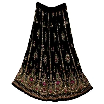 Image of Fashion of India Women&#039;s Long Bohemian Maxi Skirt Gypsy Hippie Boho Chic Style Dress, Black &amp; Pink, Regular