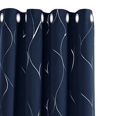Image of Deconovo Thermal Insulated Blackout Curtains Silver Wave Line Foil Printed Eyelet for Bedroom Navy Blue W55 x L114 One Pair
