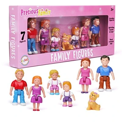 Image of Playkidiz Family Figures Set of 7 Small Toy People for Dollhouse Play, Includes Parents, Sibling, and Pet Doll House Accessories Children