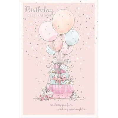 Image of Carte Blanche Female Birthday Card General for Women/Girls Balloons &amp; Stack of Presents Embossed with Foil Details Eco Friendly