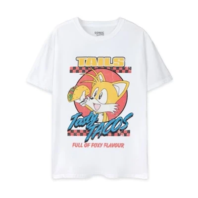 Image of Sonic THE HEDGEHOG Mens T Shirt Adults White Short Sleeve Graphic Tee Tails&#039; Tasty Tacos Retro Top Distressed Vintage Gamer Sleeved Classic Gaming Apparel Gift for Him