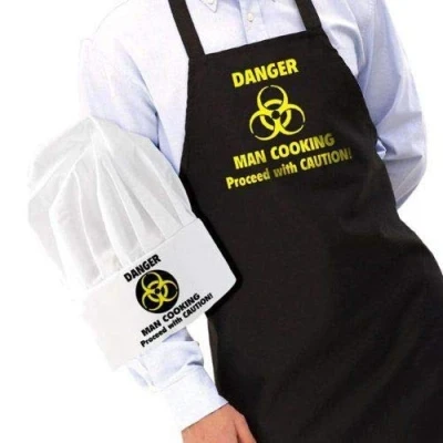 Image of Sterling Smart® Mens Cotton APRON &amp; Hat Set Cooking Chef Kitchen Novelity BBQ Funny Novelty Grilling Ideas BAKEWARE (Proceed with Caution Set)