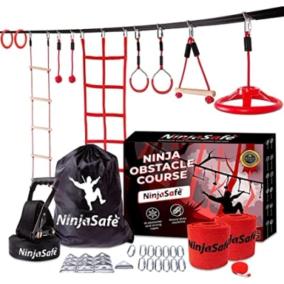 Image of Ninja Obstacle Course for Kids Backyard 10 Durable Obstacles and 15m Slackline Outdoor Playset Equipment Girls &amp; Boys with Climbing Net Ladder, Wheel, Warrior Gymnastics Monkey Bars