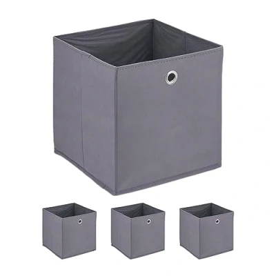 Image of Relaxdays Set of 4, Foldable, HWD: 30x30x30 cm, Fabric Storage Box with Handle, Open Shelf Basket, White, Iron, 30 x cm