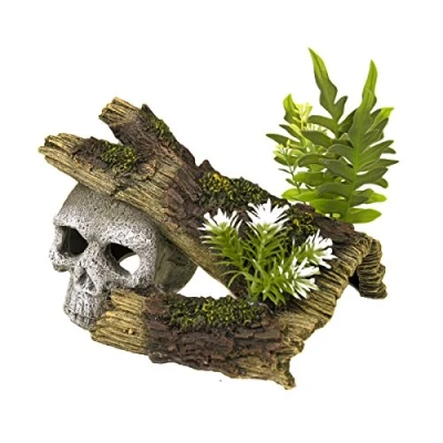 Image of Blue Ribbon Rosewood Polyresin Skull Log with Plants Aquarium Ornament, Small