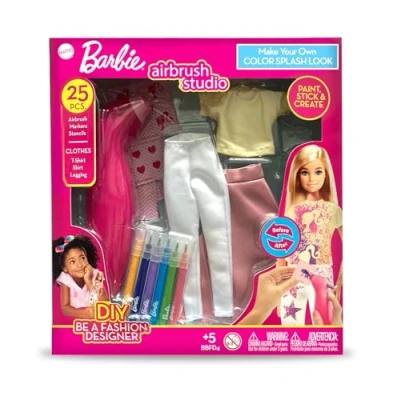 Image of Barbie DIY Airbrush Studio 25 Piece Color Splash Fashion Kit Design Clothes for Dolls with Airbrush, Markers, Stencils, and Outfits Creative Toy Girls Ages 5+