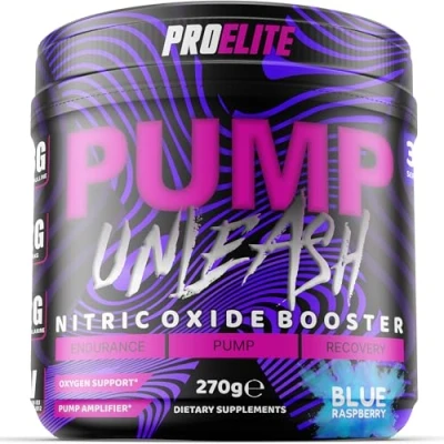 Image of ProElite Pump Unleash Nitric Oxide Booster 270g, Pre Workout Powder, 30 Servings with Beta Alanine, Caffeine, Arginine (AAKG), Citrulline, Vitamin B3 B12 (270g, Blue Raspberry)