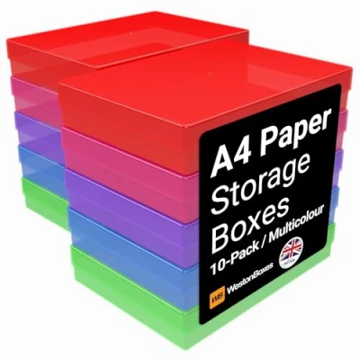 Image of WestonBoxes A4 Colourful Transparent Plastic Craft Storage Boxes with Lids for Art Supplies, Paper and Card (Multicoloured/Pack of 10)