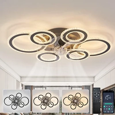 Image of Ceiling Fans with Lights and Remote, Modern 6 Ring Lamps, 108W LED Dimmable, Reversible DC Motor, Speeds, for Bedroom, Living Room, Kitchen, Black
