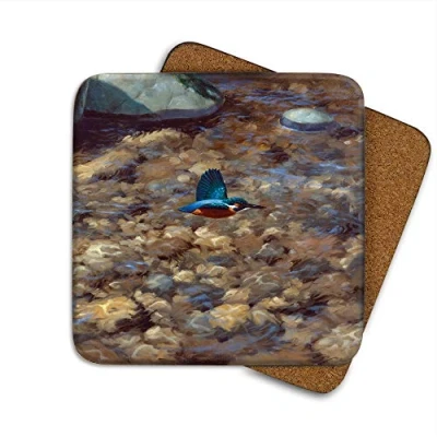 Image of Kingfisher River Drinks Coaster by Wildlife Artist Julian Friers Individual Non Slip, Cork Backed Table