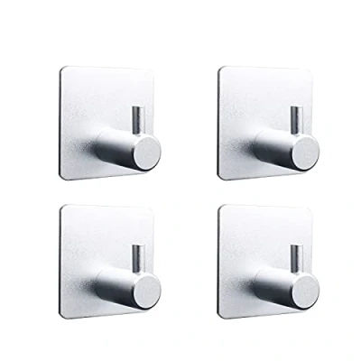 Image of MOUTEK Self Adhesive Hooks, Matte Aluminium Alloy 5KG Heavy Duty Wall Bathrooms Towel Hooks Silver 4 Pack