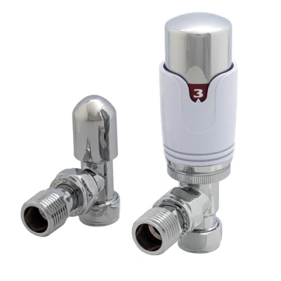 Image of Team Controls Thermostatic Radiator Valve 15mm x 1/2&#039;&#039; Angled TRV Lockshield Pack Chrome/White