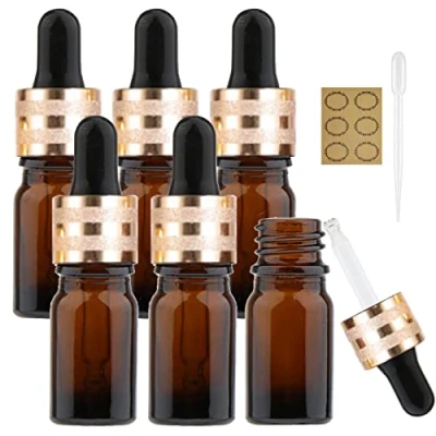 Image of Alledomain 6Pcs, 20Ml Amber Glass Bottles with Dropper Pipettes, Mini Empty Gold Aluminum Alloy Cap Refillable Sample Container for Essential Oils/Massage Oils/Chemical Liquid