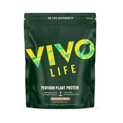 Image of Vivo life Perform Plant Protein Powder Salted Maca Caramel, Vegan, 7 Servings 266g / 9.38oz, BCAA Pea &amp; Hemp Blend