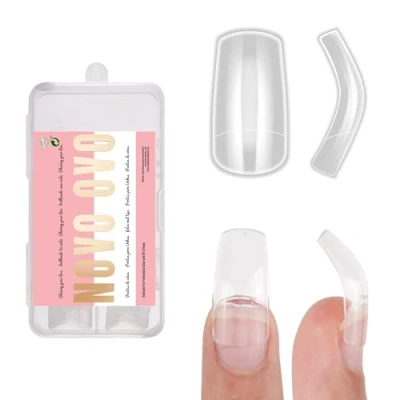 Image of NOVO OVO 120 pcs Hawk Curved Eagle Claw Extra Super Extreme Deep Curve Half Cover Short Square Tapered Transparent Clear Cystal False Nail Extension Tips Acrylic 10 Sizes Box Packaging