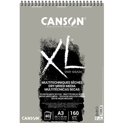 Image of CANSON XL Sand Grain Dry Mixed Media 160gsm A3 Paper, Finish, Spiral Pad Short Side, 40 Grey Sheets, Ideal for Professional Artists &amp; Illustrators