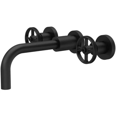 Image of Hudson Reed TIW417 Revolution Modern Bathroom Industrial Wall Mount 3 Tap Hole Basin Mixer Tap, 255mm, Matt Black