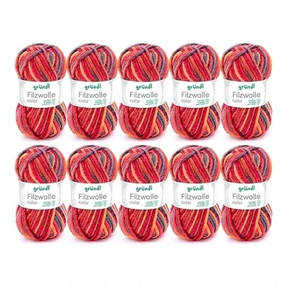 Image of Gründl Felt Wool Colour (Oeko Tex Certified, 100% Virgin for Felting, 50 g / m, Needle Size: 8 9, 10 Balls of g), Red/Orange/Black, Multicoloured