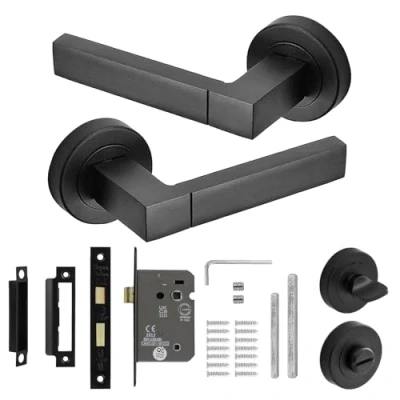 Image of Decoranddecor Lumina Internal Square Door Handles Lever On 54mm Rose Aluminium Matt Black Bath Lock Kit