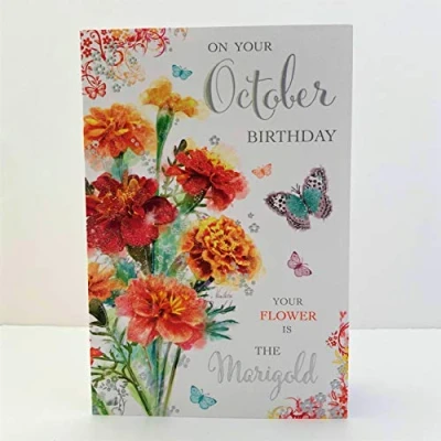 Image of Jonny Javelin Female On Your October Birthday Card Marigold Flowers &amp; Butterflies