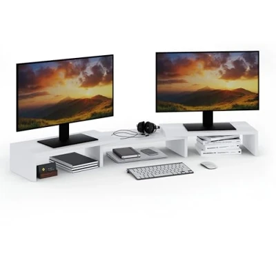 Image of ComfortCove Dual Monitor Stand Riser, Stand, Desk Organizer, Laptop Computer 3 shelf Adjustable length, ideal for your Home Office, White