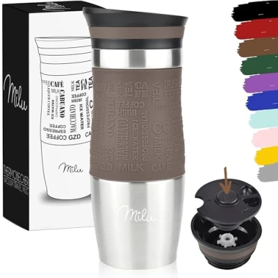 Image of Milu Thermo Mug 370ml 450ml Insulated Coffee to go 100% Leak Proof Stainless Steel Drinking Car Double Wall Insulation Travel (Brown, 370ml)