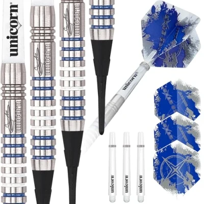 Image of Unicorn Soft Tip Darts Set Gary &#039;The Flying Scotsman&#039; Anderson Silver Star 80% Natural Tungsten Barrels with Blue Accents 19 g