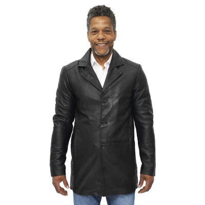 Image of Mens Longh 3/4 Black Cromby 3 Button Lamb Nappa Leather Blazer Classic Retro Harrington Coat Jacket 2XL