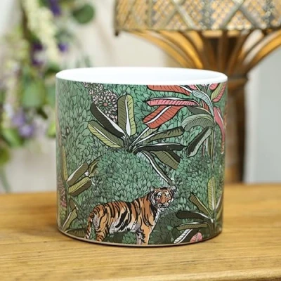 Image of Fyne Finds Tiger Animal Jungle Scene Ceramic Indoor Home Planter 12cm, 5inch Herb Plant Pot Cover Gift