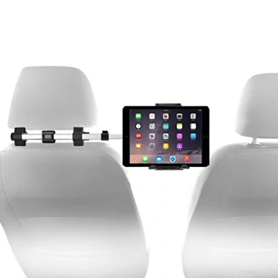 Image of Macally Car Headrest Mount Holder for Apple iPad Pro/Air/Mini, Tablets, Nintendo Switch, iPhone, &amp; Smartphones 4.5&quot; to 10&quot; Wide with Dual Adjustable Positions and 360 Rotation (HRMOUNTPRO),Silver