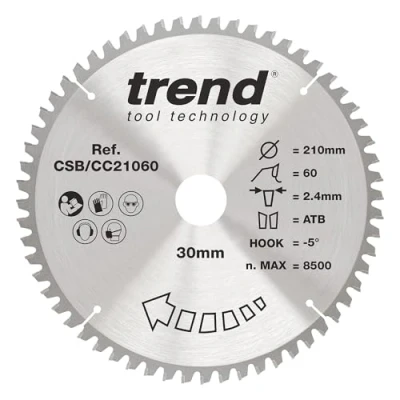 Image of Trend Wood Mitre Saw Blade, 210mm Diameter, 30mm Bore, 60 Teeth, 2.4mm Kerf, 5 Hook, TCT, Extra Fine Finish, CSB/CC21060