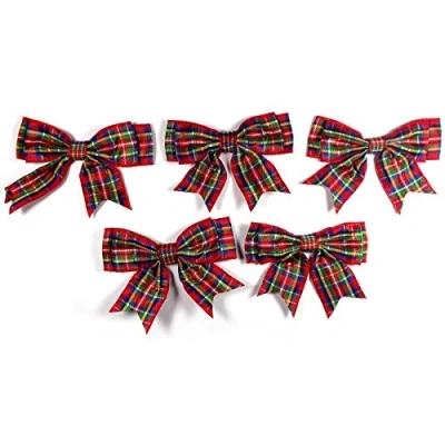 Image of Large Satin Ribbon Double Bows 8cm Wide Pack of 5 (Tartan Red)
