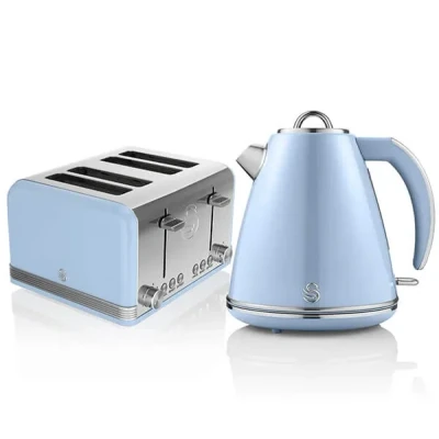 Image of Swan Retro Blue Kettle and 4 Slice Toaster Set