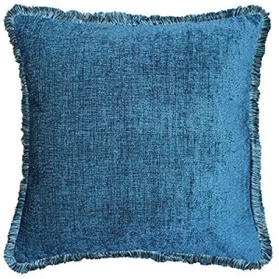 Image of Riva Paoletti Astbury Filled Cushion Blue Metallic Chenille Style Fabric Fringed Edge Hidden Zip Closure 100% Polyester 50 x 50cm (20&quot; 20&quot; inches) Designed in The UK, Polyester, Teal,